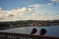 Train from Leuchars to Edinburgh, bridge near Forth.
